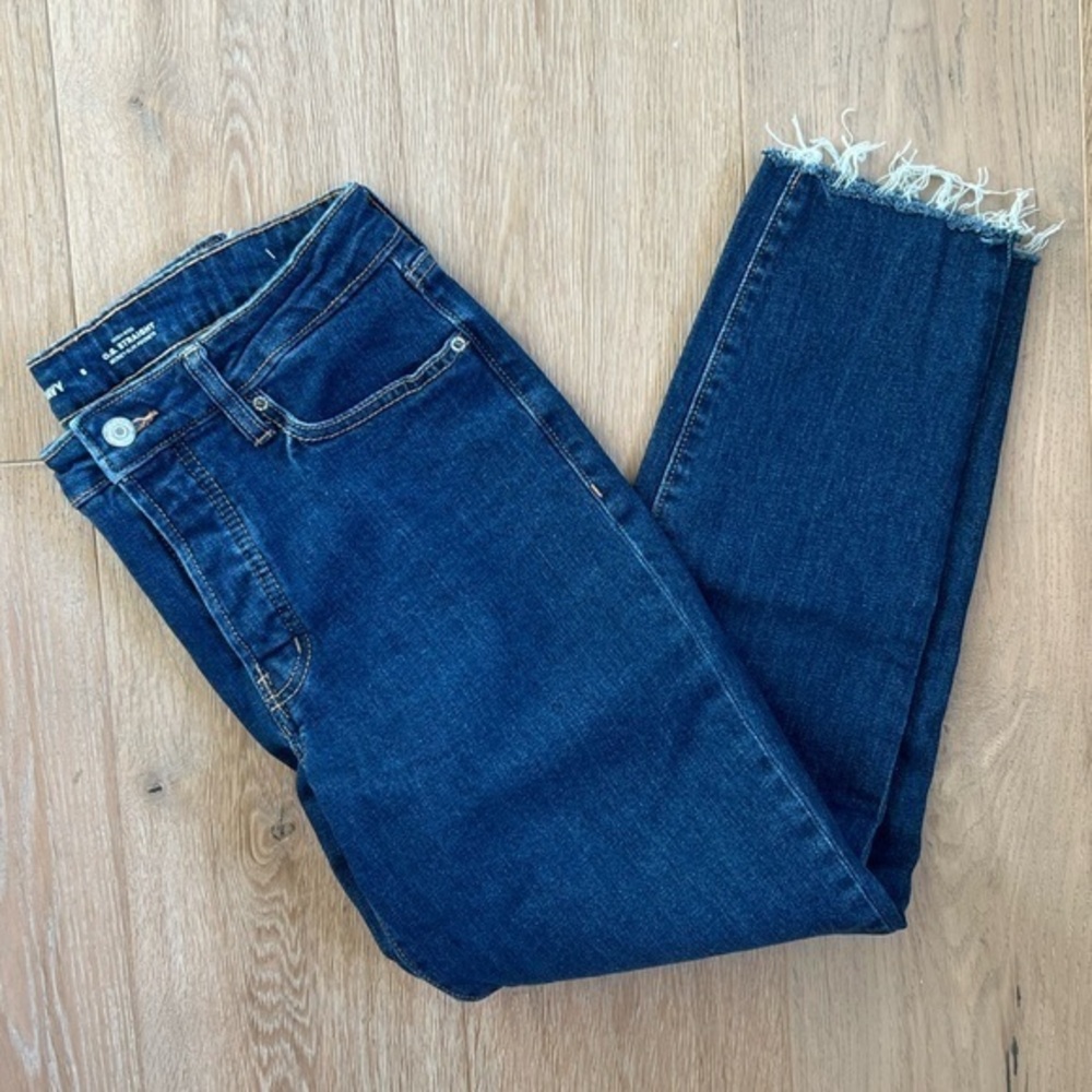 Old Navy High-Waisted Button-Fly OG Straight Ankle Jeans in Dark Wash raw edge